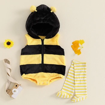 2024-06-24 Lioraitiin 0-24M Baby Bee Costume Sleeveless Hooded Romper Long Socks Set Infant Halloween Costume Newborn Outfit 1