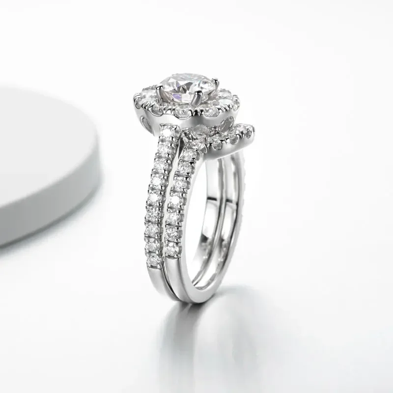 Total 2ctw Moissanite Wedding Rings Set For Women Solid 925 Silver Halo Engagement Ring Round VVS1 D Color GRA Certificate