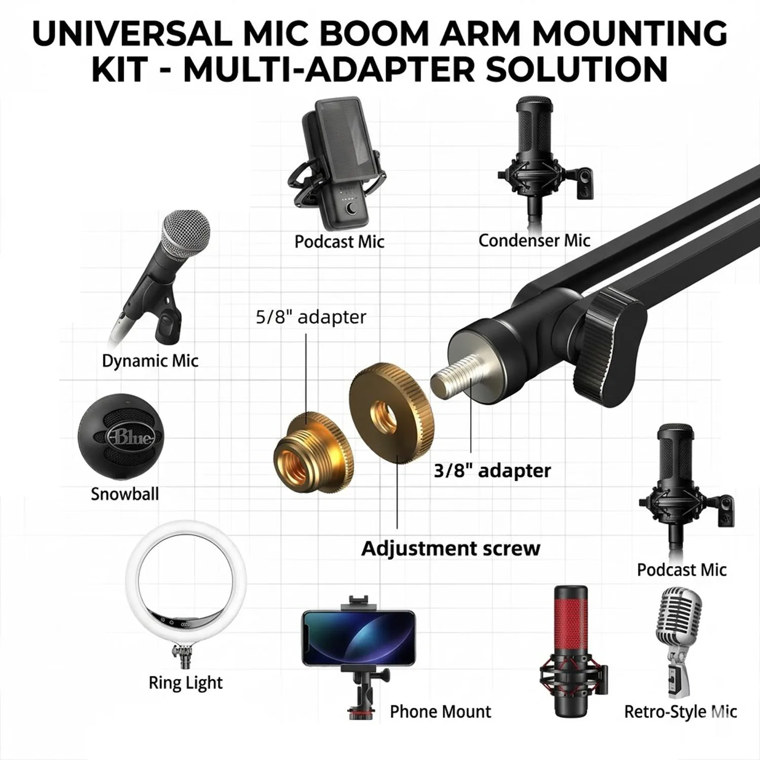 데스크 스탠드 - 마이크, HyperX, Rode, Fifine, Shure 및 기타 마이크용 조절 가능한 마운팅 암, 3/8 및 5/8 나사산 호환