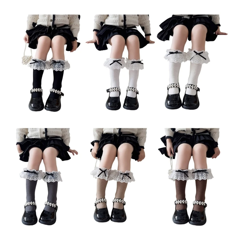 

Trendy Lace Bow Middle Calf Socks for Children Bowtie Socks Princess Girl Cotton Length Stockings for Daily Party H37A