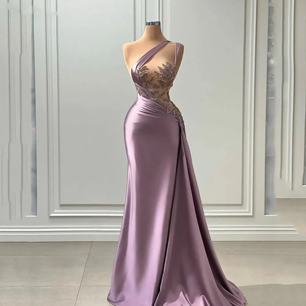 

Purple One Shoulder Evening Dresses Women's Mermaid Chest Waist Seen Through Sexy Party Gowns Beaded Pleats Satin Floor Skirts