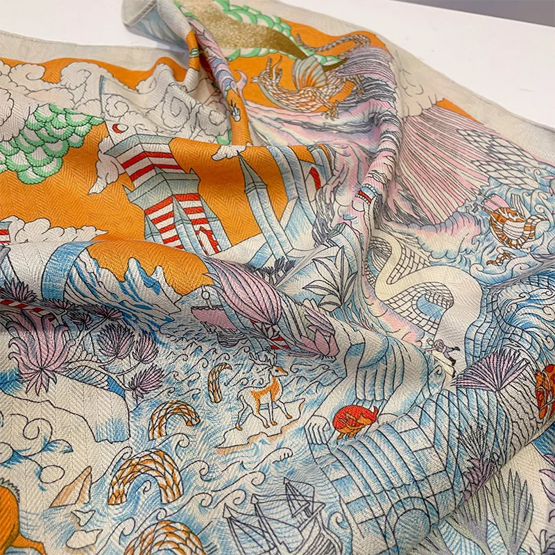 Luxury Animals Floral Print 70cm Cotton Velvet Square Scarf for Women Soft Neckerchief Lady Hijab Neck Tie Hair Headbands printed scarf square scarf