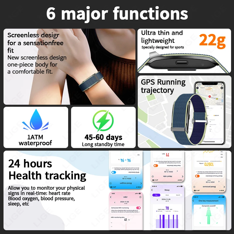 Braccialetto sanitario intelligente, tracker fitness per attività indossabile Modalità multi-sport Monitoraggio automatico continuo per tutto il giorno Dati sanitari - immagine 5