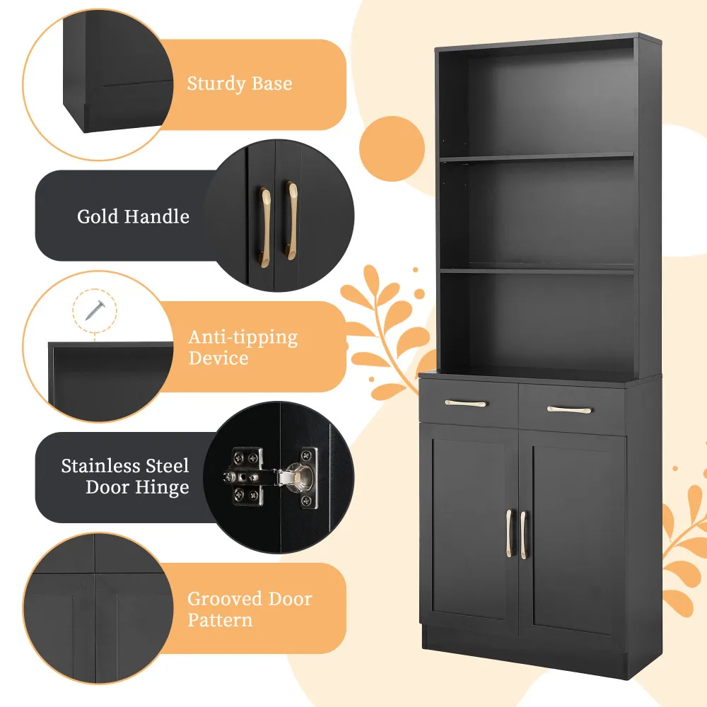 Bathroom Storage Cabinet, Cabinet With Two Doors And Drawers, Adjustable Shelf, Three-layer Open Shelf, MDF Board, Black 5
