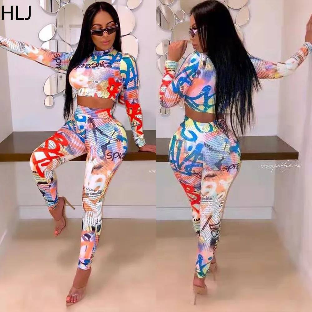 HLJ Casual Printing Skinny Pants Two Piece Sets Women Round Neck Long Sleeve Crop Top And Pants Tracksuits Female 2pcs Outfits