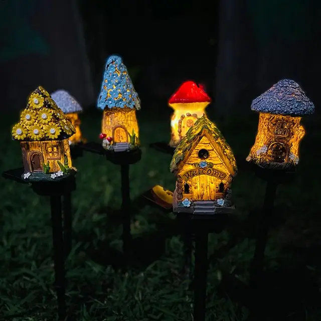 Napelemes Kültéri Lámpák Dekoratív Gyanta Tündér Ház Szobor Vízálló Napenergia Tét Dekorációval, Automatikus Fényérzékelővel - Image 2