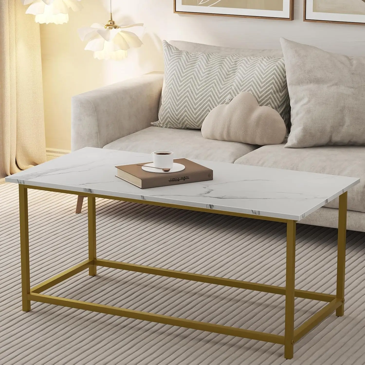 White Faux Marble Coffee Table Simple Modern Rectangular Coffee Tables Open Design Minimalist Center Table for Living Room 5