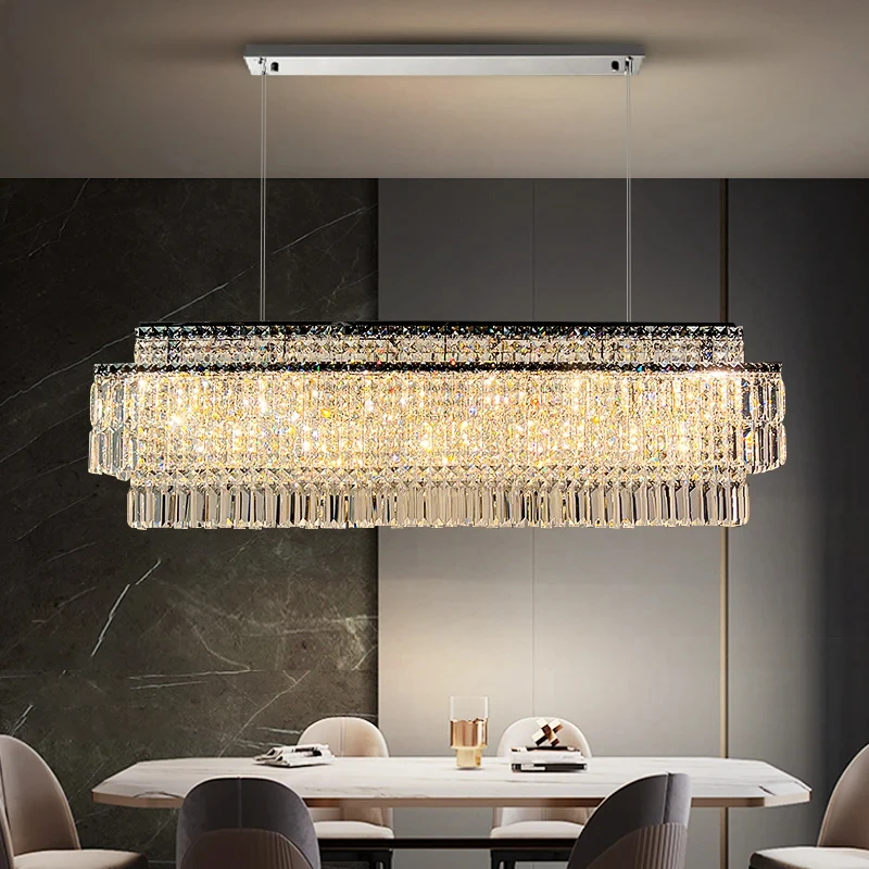 

Led Crystal Chandelier For Dining Room Modern Rectangle Hanging Lamp Luxury Home Decor Indoor Lighting Gold/Silver Kitchen Light