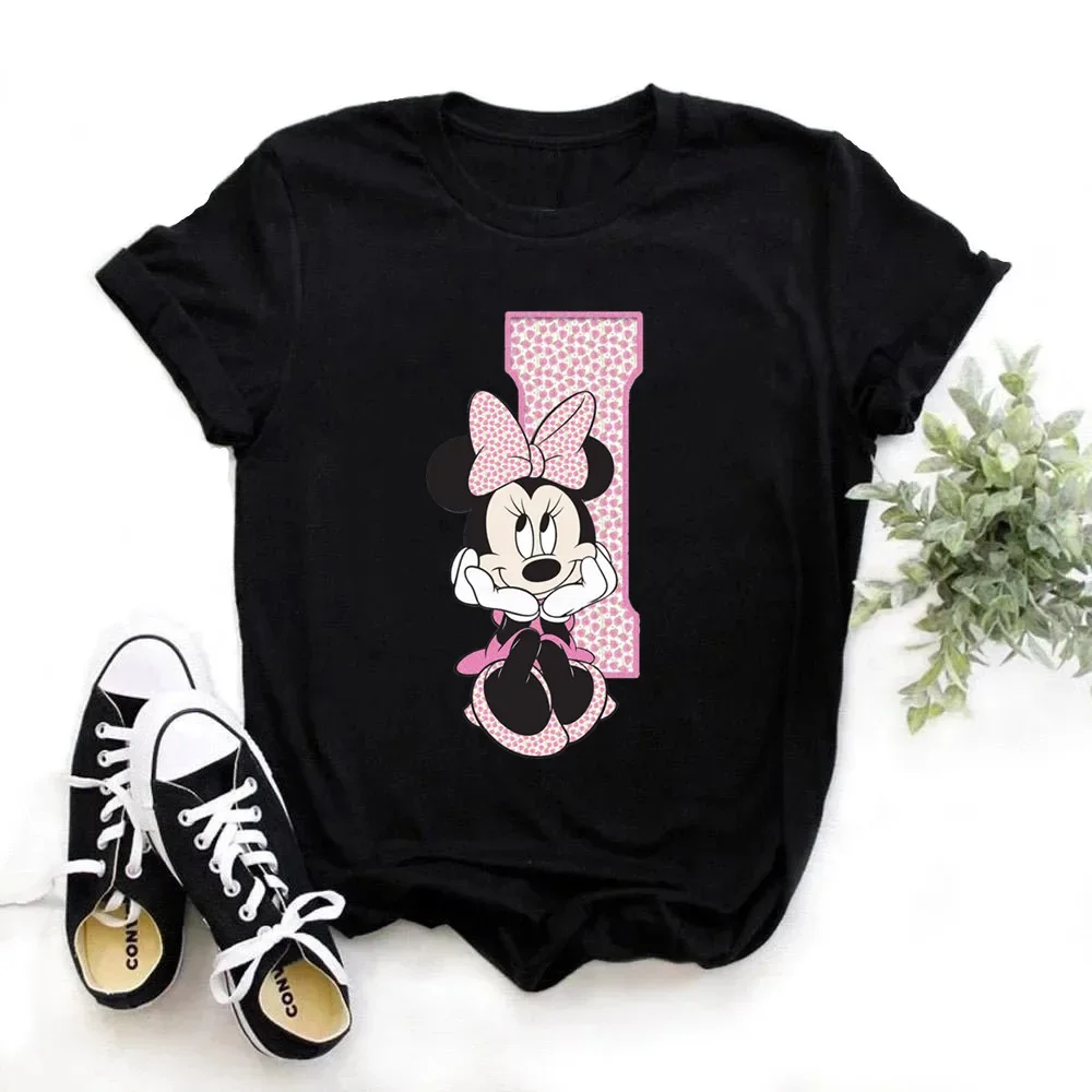 thumbnail image 1 of Camisetas de algodón de manga corta de verano para niños, camiseta rosa con letras de Minnie Mouse, fuente ABCDEFG, divertida y bonita para niño y niña, 1 of 5