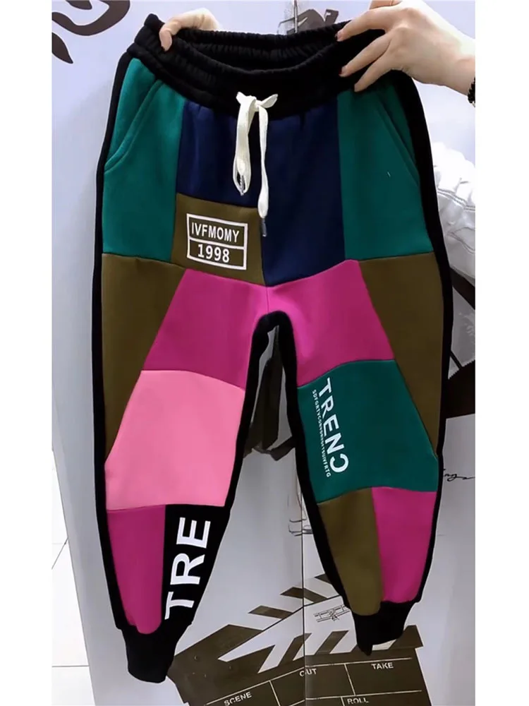 Pantaloni da donna con cuciture colorate autunno inverno Pantaloni casual con stampa leopardata Pantaloni Harem in vita elastica Pantaloni sportivi casual da donna 4
