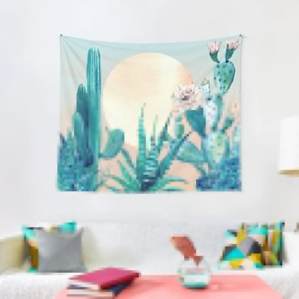 

Cactus Dawn Pretty Pink and Green Desert Cacti Illustration Tapestry Decoration Aesthetic Funny Room Decor For Girls Tapestry