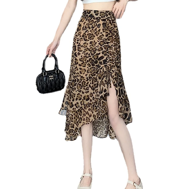 

chiffon Skirts women Split Fishtail Skirt woman Irregular leopard Skirts