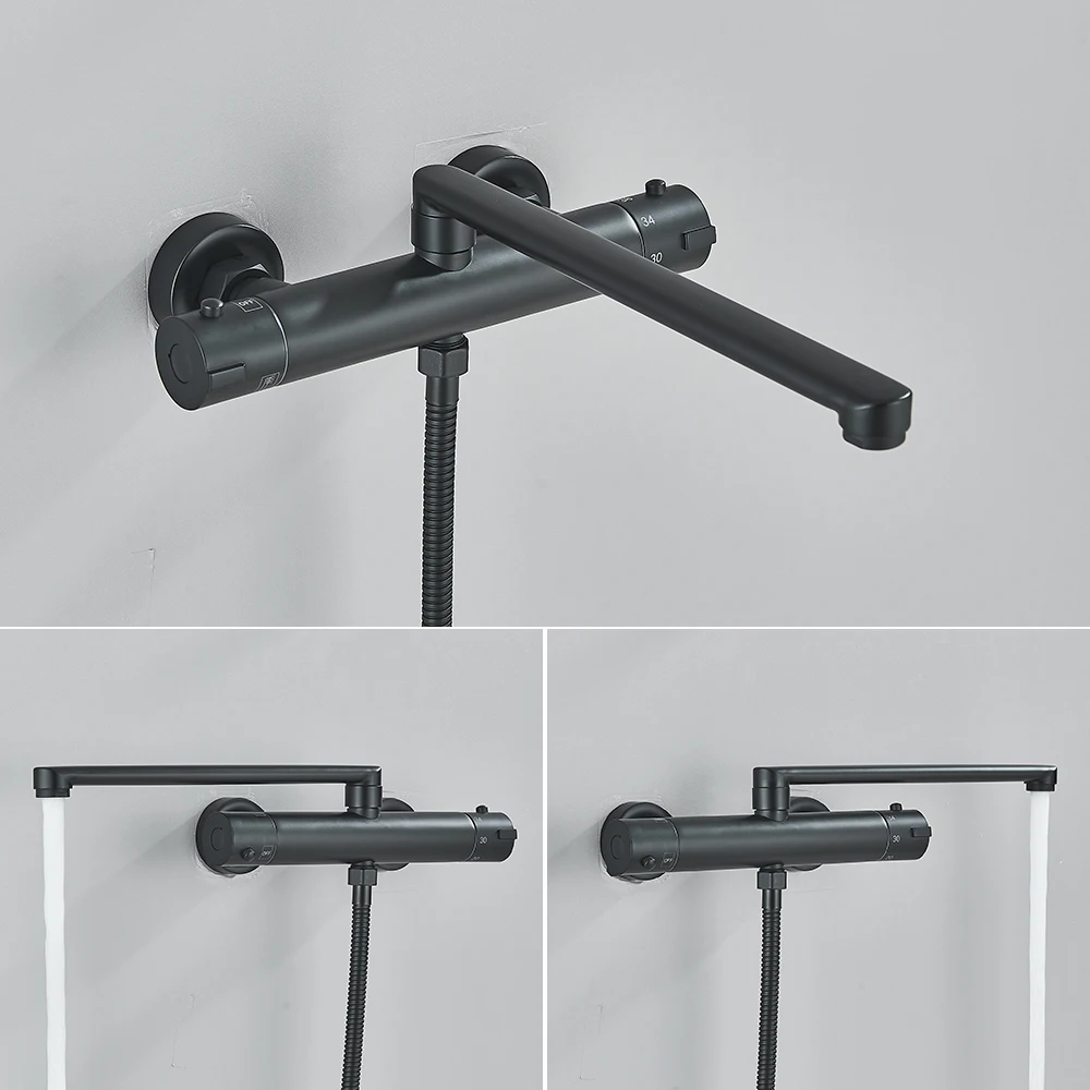 Thermostatic Bathtub Shower Faucet Rotatable Long Spout with Handshower Wall Mount Cold Hot Water Mixer Bathroom Shower System 4