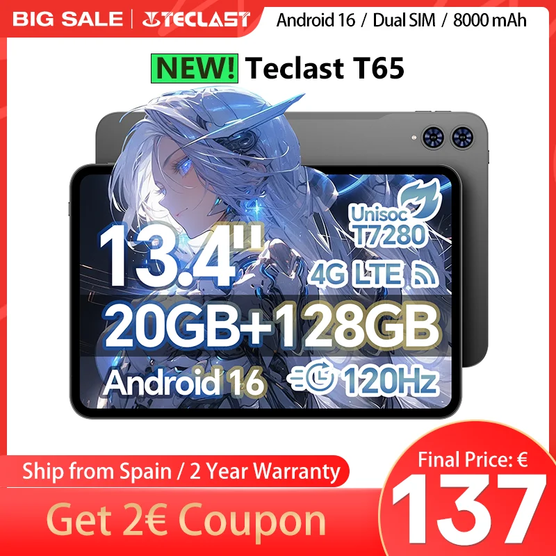 2025 Teclast Tablet T65, 13.4'' 120Hz Tddi Screen, Android 16
