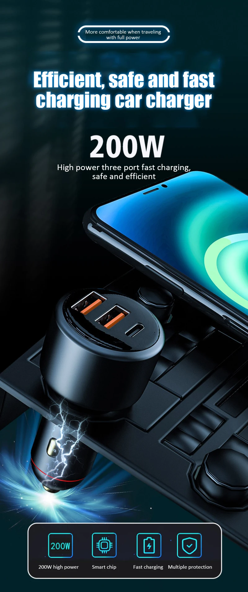 200W Car Charger USB Port Fast Charging For IPhone 13 12 11 Huawei Xiaomi Samsung Mi Type C Mobile Phone_voghion.com