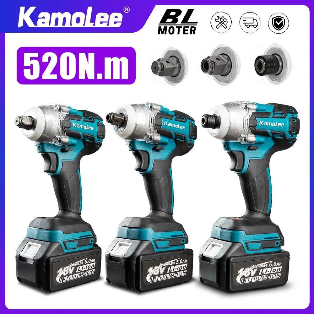 Kamolee-520N.M TYEP C 브러시리스 무선 전기 임팩트 렌치 이중 기능 전동 공구, 18V 마끼다 배터리와 호환 가능