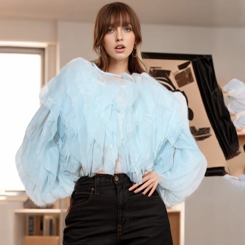 

Elegant And Fresh Style Short Solid Color Chiffon 2024 Spring New Design Sense Splicing Multi-Layer Mesh Shirt For Women