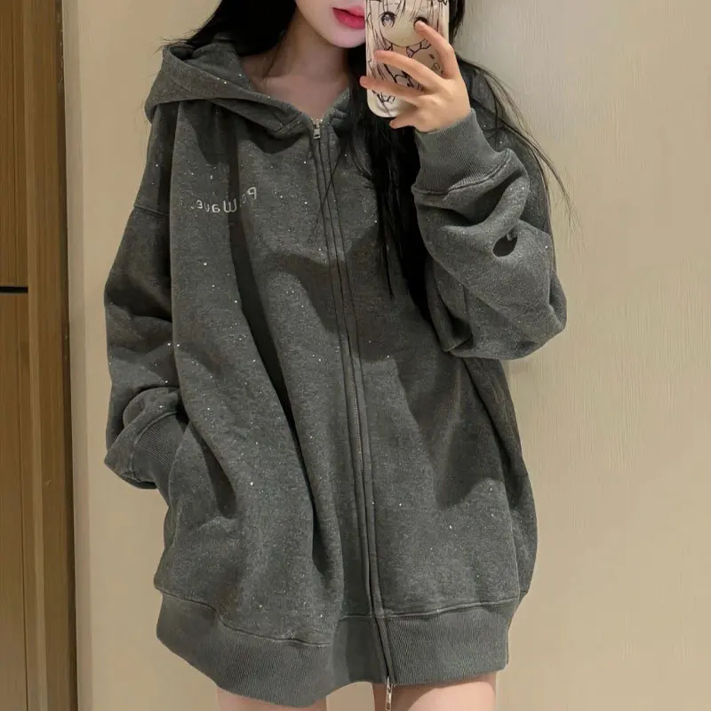 American Loose Zipper Hoodies Sequined Female Clothing Fashion Letter Embroidery Spring Autumn Casual Long Sleeve Sweatshirts