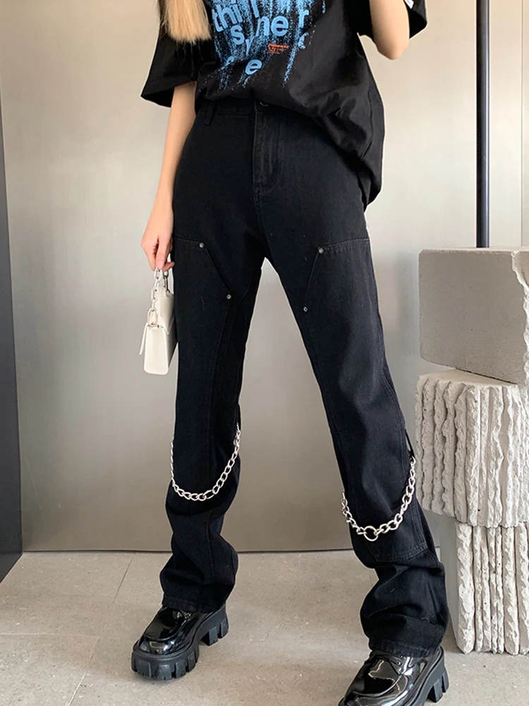 

JMPRS Streetwear Women Jeans Fashion Chain Black White Straight Hip Hop Denim Pants Pure Cotton Female Baggy Jeans New