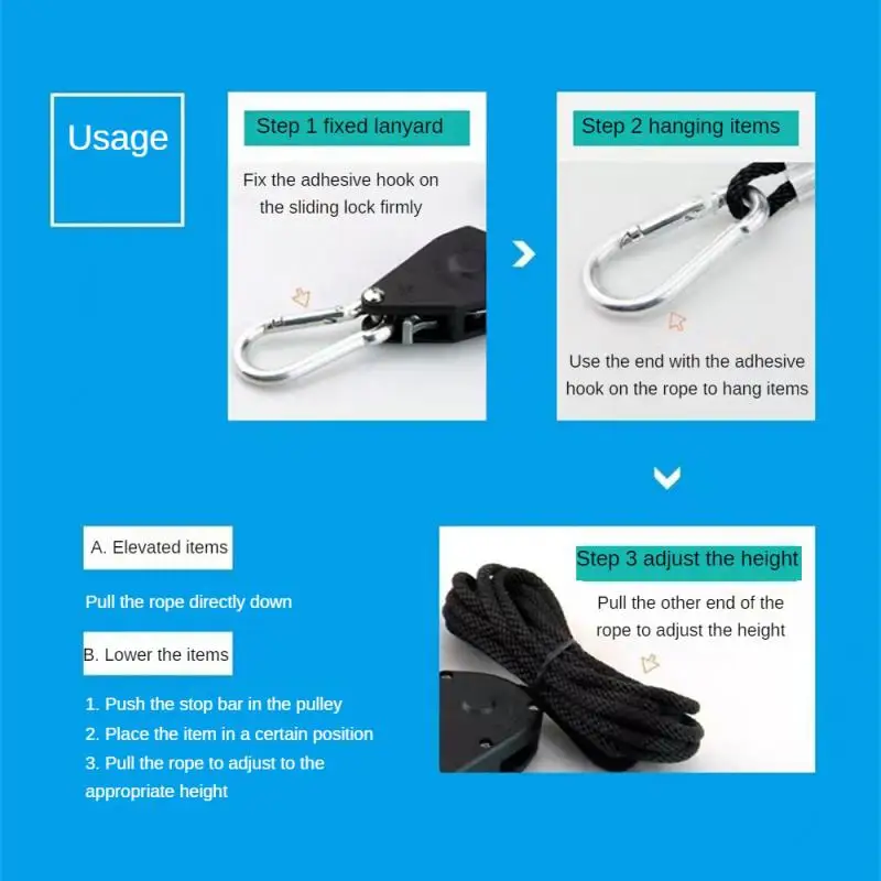 1/2PCS 1 piece /lot 1/8 Inch Ratchet Rope Grow Tent Fan Lanyard Adjustable Pulley Rope Indoor Planting Lamp Pulley Hook