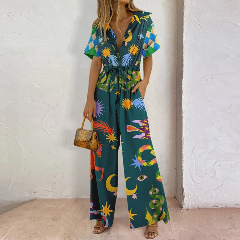 

Women Short Sleeve Drawstring Overalls Office Fashion Pockets Long Jumpsuit Summer Chic Cartoon Print V-neck One Piece Romper