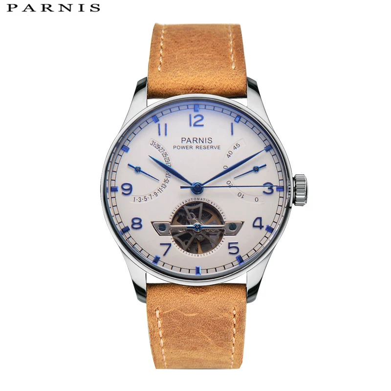 

Fashion Parnis 43mm Skeleton White Dial Automatic Mechanical Men's Watch Leather Strap Men Tourbillon Watches reloj hombre 2024