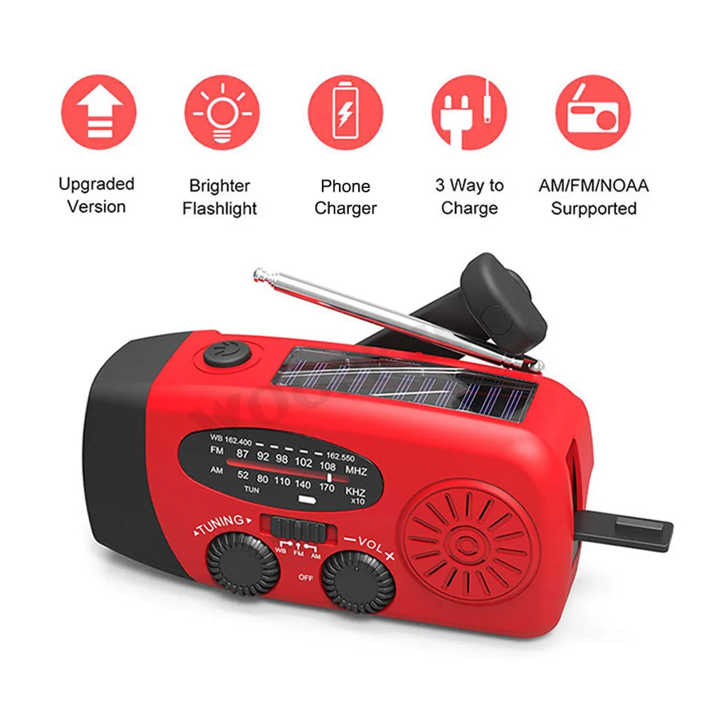 Mini Solar Powered Radio AM/FM/NOAA Weather Dynamo LED Flashlight Waterproof Out