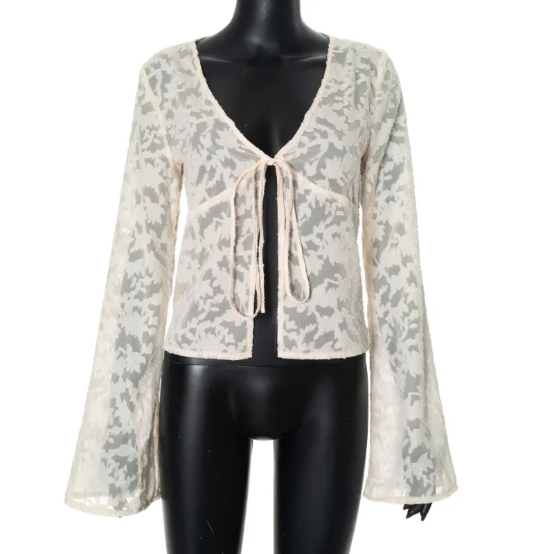 Lace Printed See-Through T-shirt Cardigan Top Female Lace-Up Patchwork Sexy Cropped Y2k Top Tee Women's Bandage Top