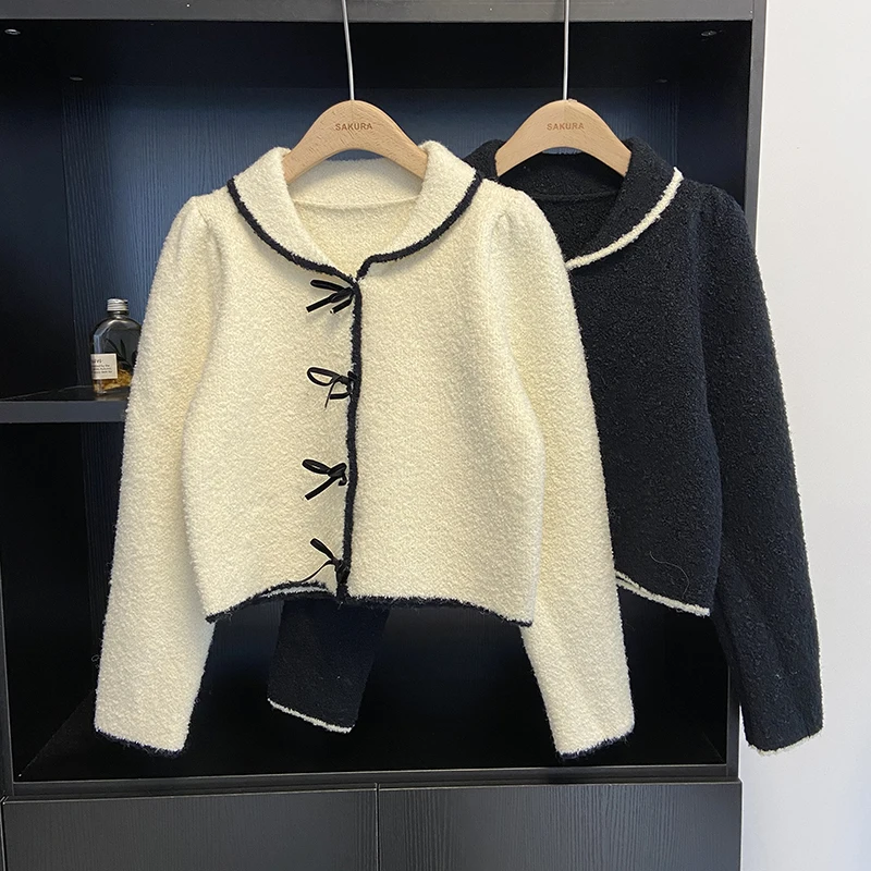 

Korean Fashion Autumn Cardigan Women Long Sleeve Turn Down Collar Bow Button Female Cropped Cardigans Sweet Causal Tops Dropship