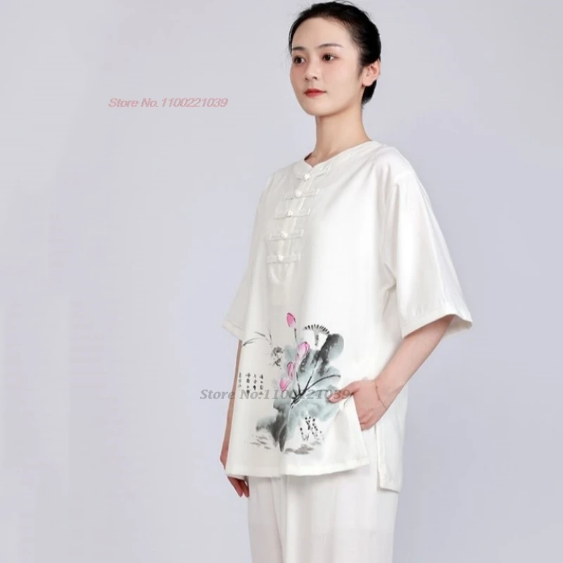 chinese tai chi uniform wushu kung fu set cotton linen taijiquan practice flower print martial arts wing chun exercise suit