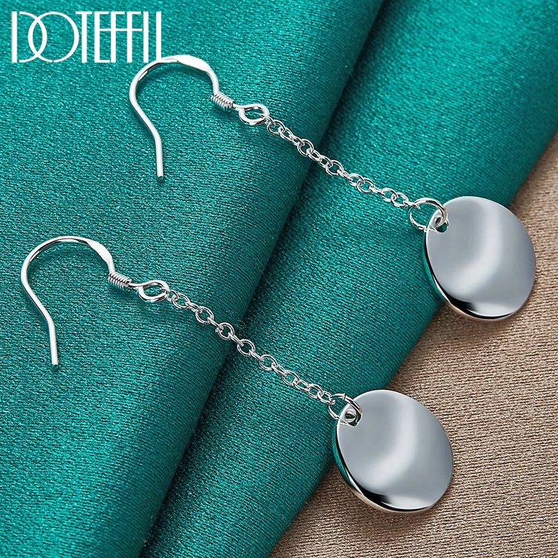 DOTEFFIL 925 Sterling Silver Smooth Bump Round Long Drop Earrings For Woman Wedding Engagement Fashion Party Charm Jewelry