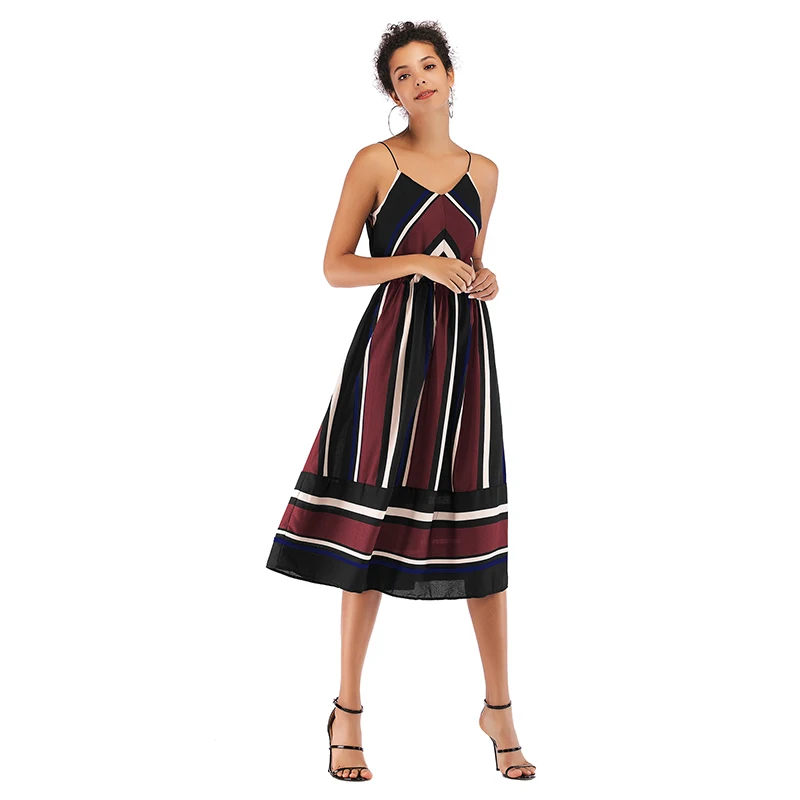 

Color Dress Ladies dress women Casual fashion Dresses Lace Party collar pringting Suspender sleeveless Chiffon stripe Big new