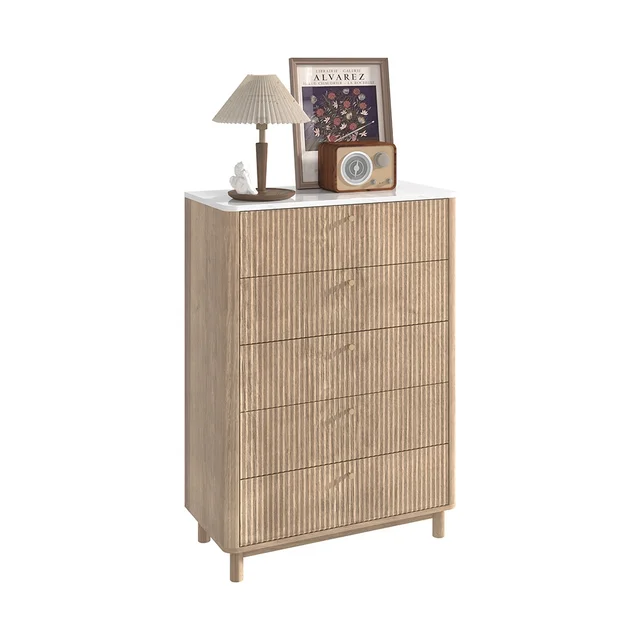 ตู้ลิ้นชัก 5 ชั้น ลายไม้ หน้าท็อปลายหินอ่อน สำหรับห้องนั่งเล่น ห้องนอน ตู้สูง ตู้เก็บของ 4