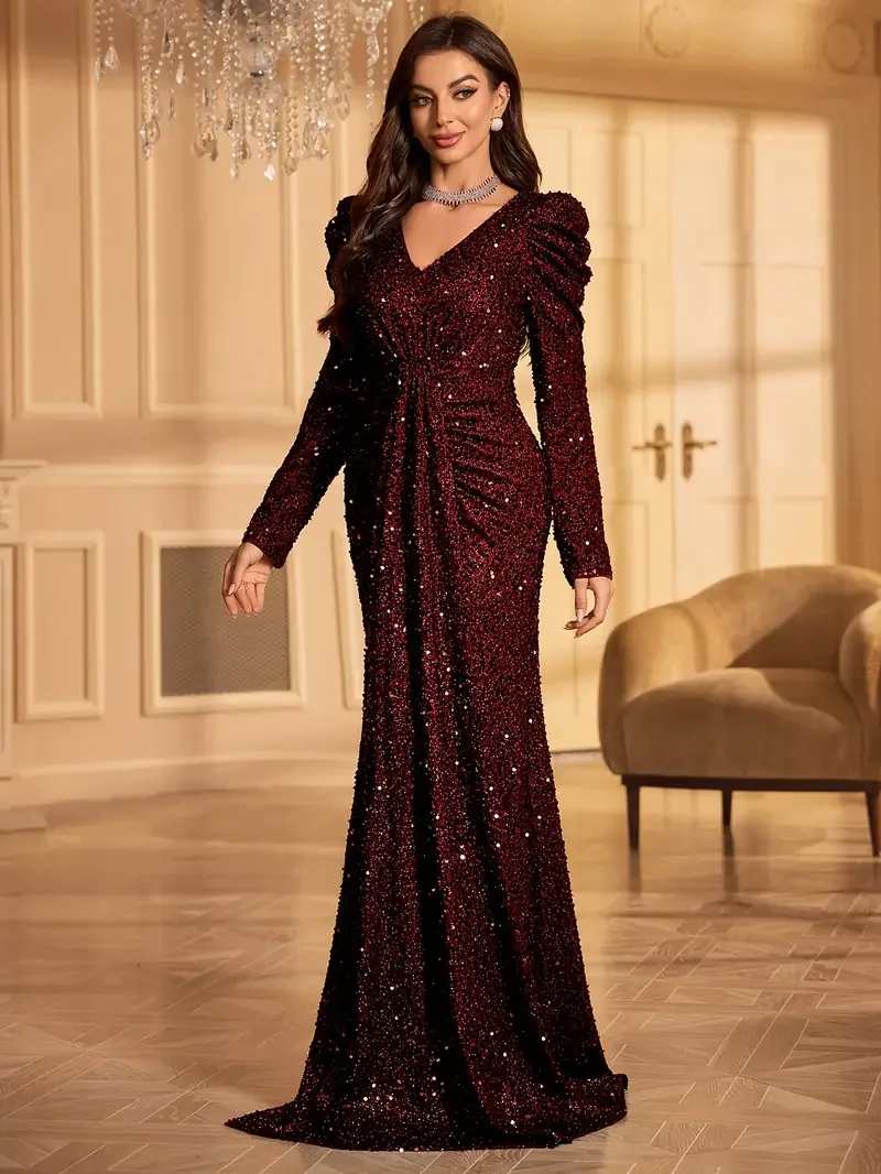 فستان سهرة نسائي أنيق بأكمام طويلة ورقبة على شكل ح...