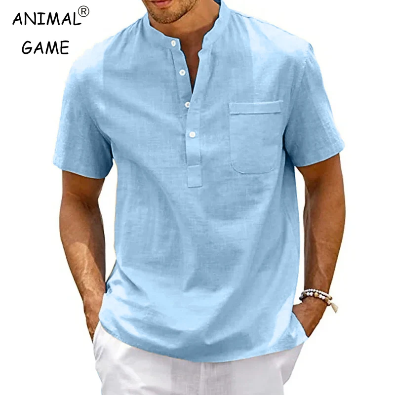 Summer-Men-s-Cotton-Short-Sleeve-T-shirt-Solid-Color-Stand-Collar-Loose ...