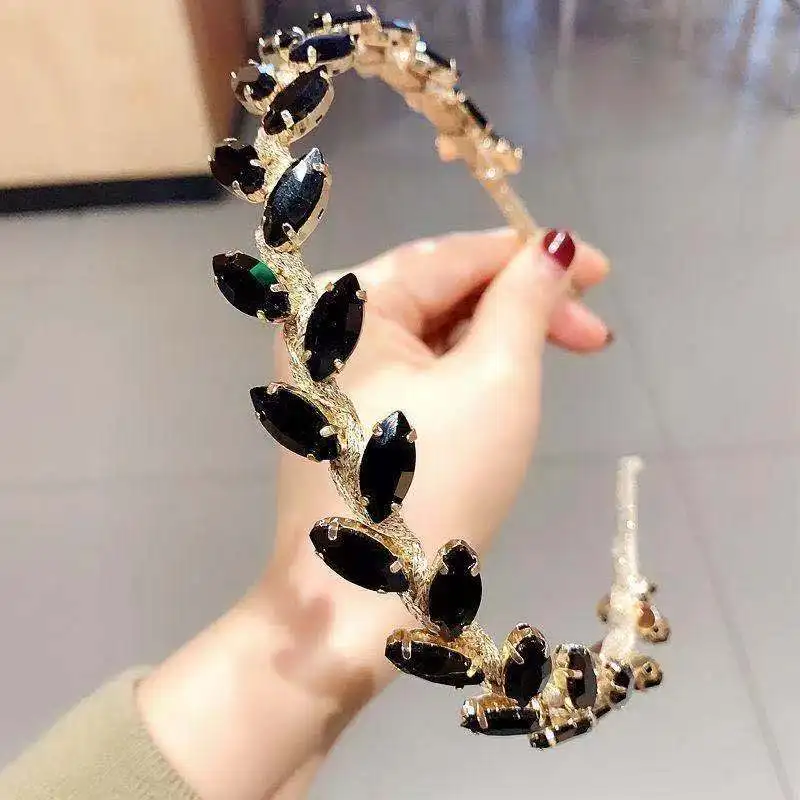 Crystal Rhinestone Bejewelled Headband For Women Sparkly Embellished Bead Boho Black Leaf Hairband Fashion Accessories For Girls