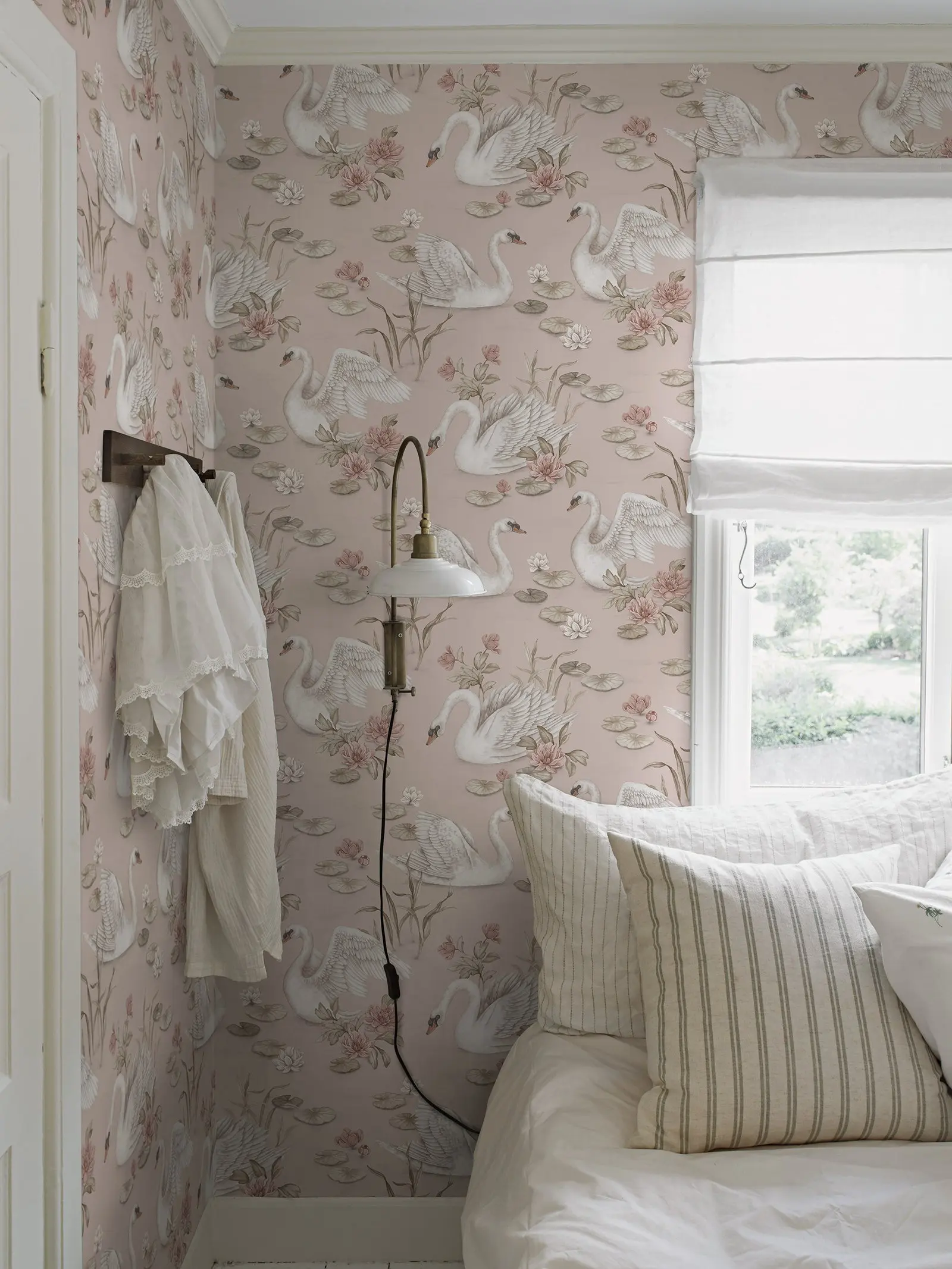 

Romantic Lily Swan Wallpaper in delicate light pink, Children's Wallpaper with graceful swans in a lake with water lilies