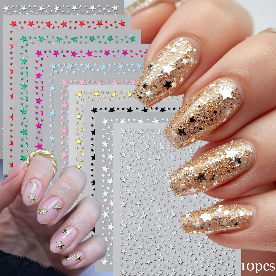 Y2K 메탈릭 크롬 3D 스타 네일 스티커 혼합 색상 미니 펜타그램 모양 셀프 접착 네일 데칼 네일 아트 DIY에 적합