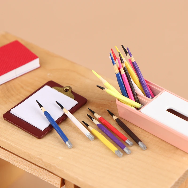 

8Pcs 1:12 Dollhouse Miniature Pen Mini Colored Pencil Model School Supplies For Doll House Decor Kids Pretend Play Toys