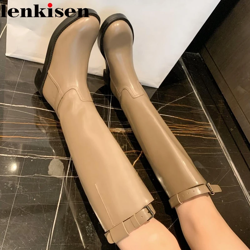 

Lenkisen Cow Split Leather Round Toe Med Heels British School Riding Long Boots Belt Buckle Causal Zipper Thigh High Boots New