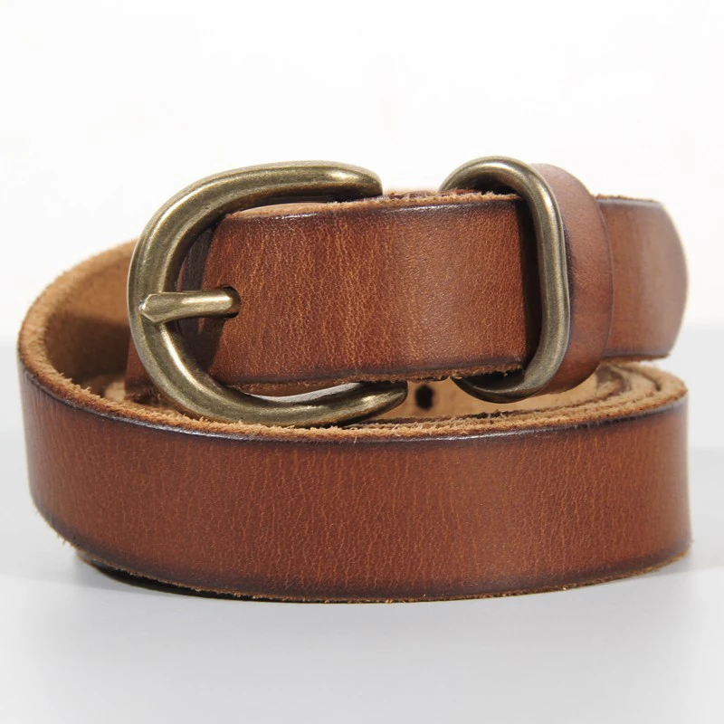 Narrow Thick Women's Belt Pure Copper Button Genuine Leather All