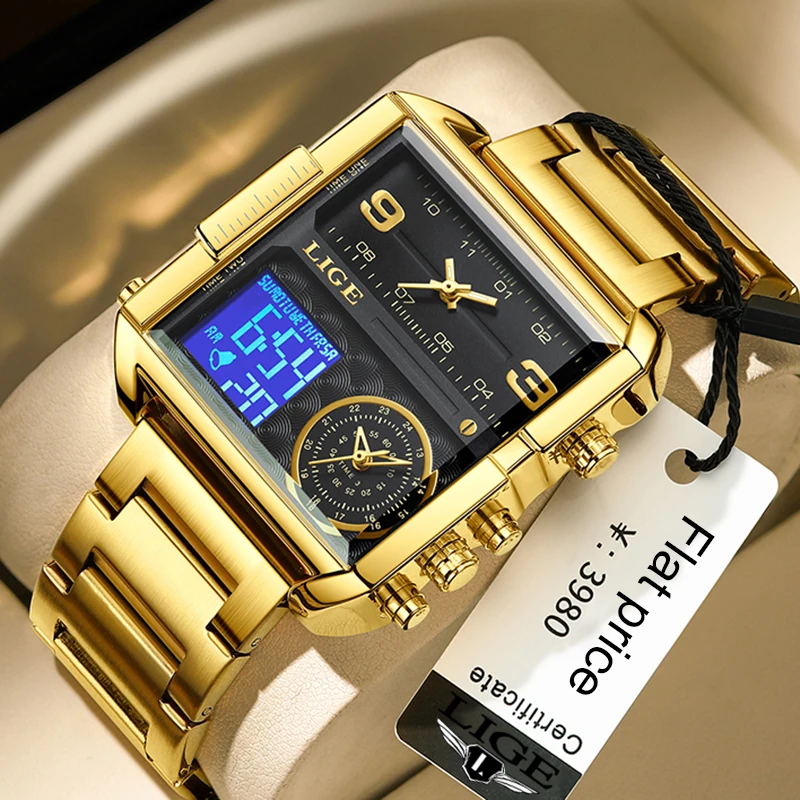 

LIGE New Top Brand Luxury Fashion Men Watches Gold Steel Sports Square Digital Analog Big Quartz Watch for Man relogio masculino