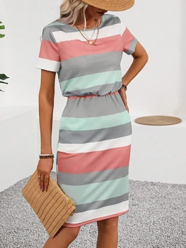 Women's Colorful Short-Sleeve Fitted Dress