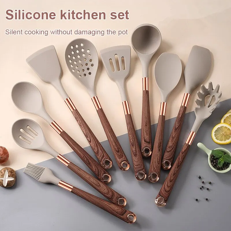 Set Kitchen Utensils Silicone Wooden Handle  Cookware Sets Kitchen Silicone  - Cooking Tool Sets - Aliexpress