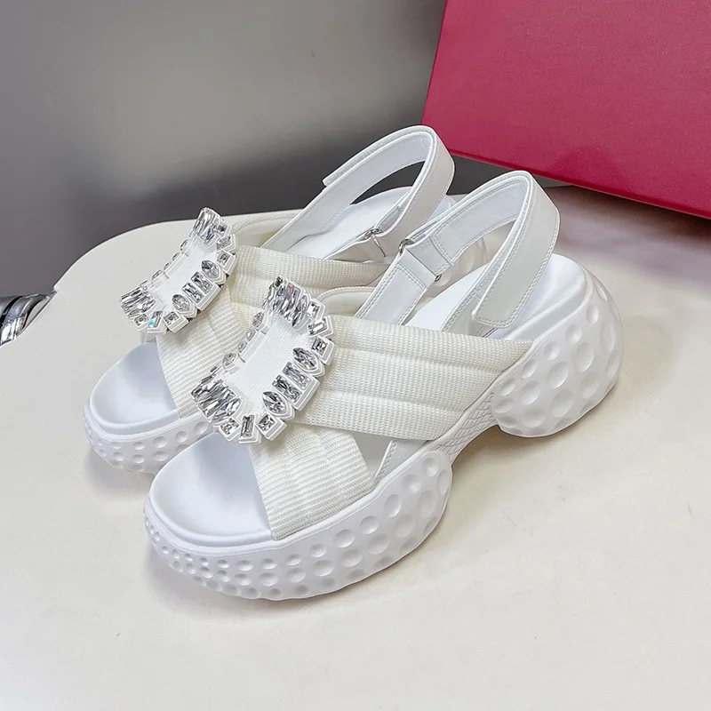 

Summer New Ladies Sandals Cross Belt Design Square Buckle Water Diamond Decor Women Beach Shoes Concise Fashion Sandals