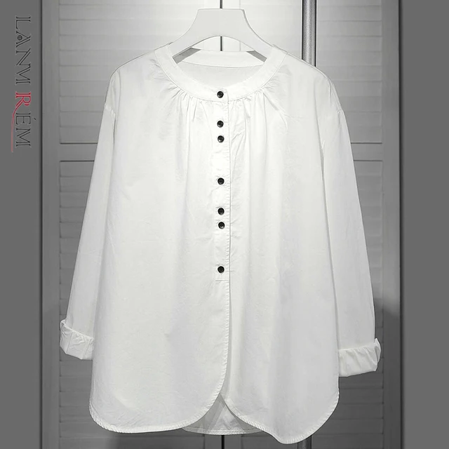 LANMREM Vintage Round Neck Black Shirt For Women 2025 Autumn New Loose Single Breasted Blouse Lantern Sleeve Cotton Top 2DB4527