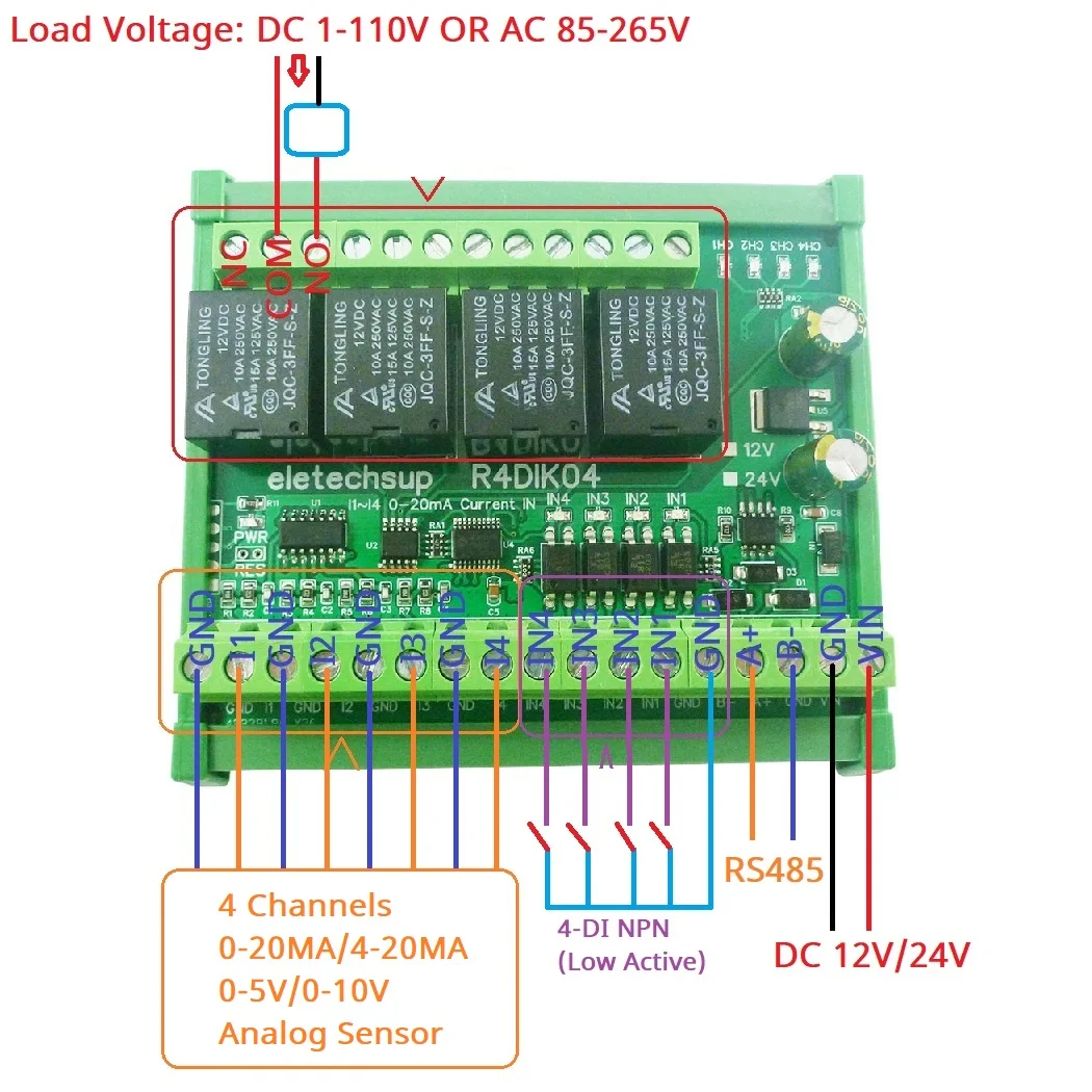 placa de relé RS485, ADC de tensão