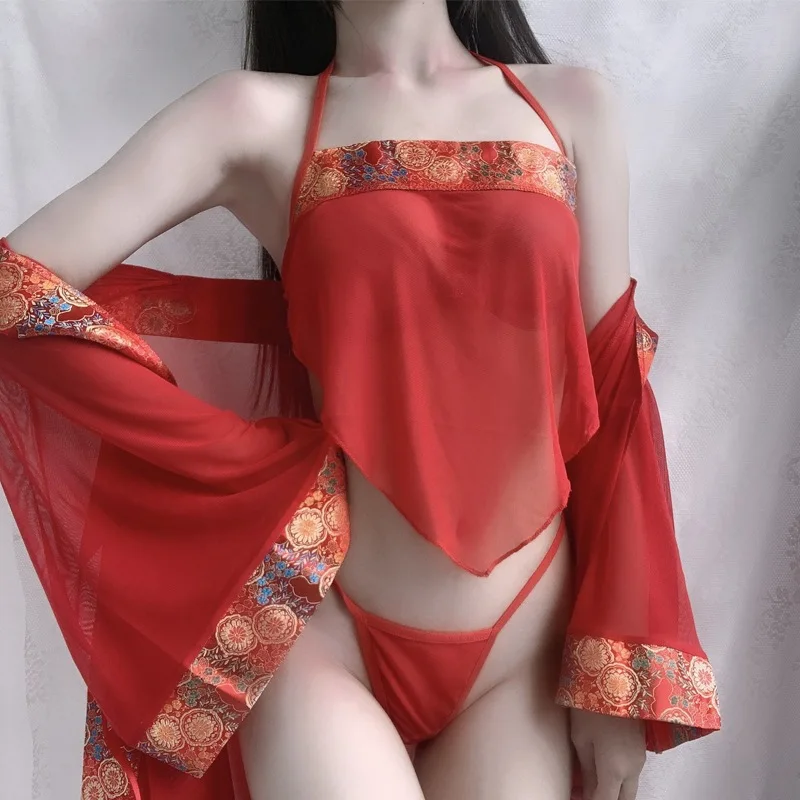 

3pcs/set Ladies Bibs Erotic Lingerie Lace See-through Classical Bridal Wear Passionate Hot Retro Sling Nightgown Set