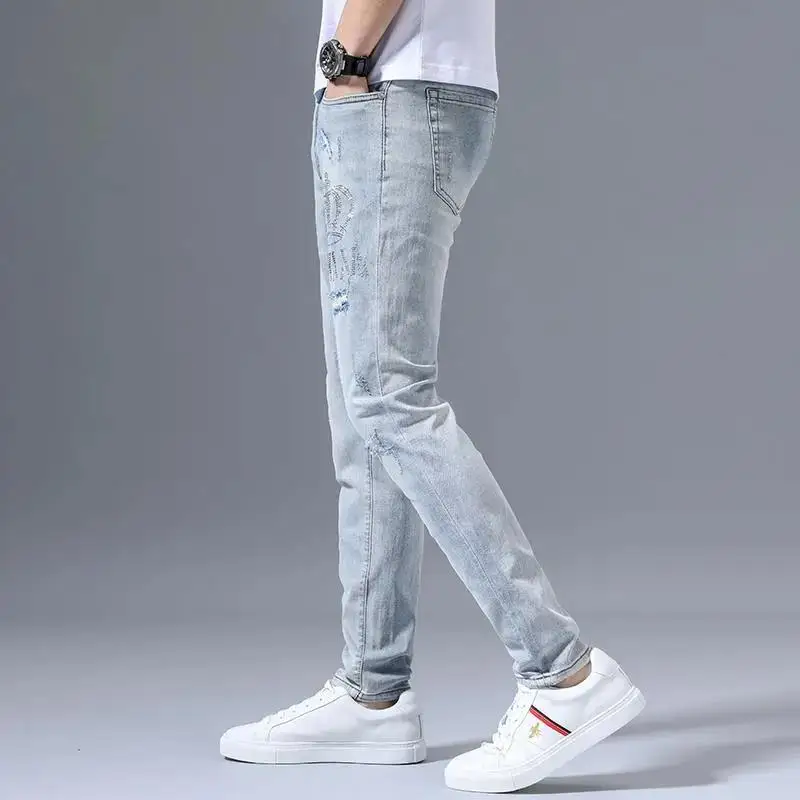 Fashion Stretch Denim Jeans Men's Spring Autumn Ripped Retro Hot Drill Embroidery Slim Small Feet Blue Versatile Long Pants