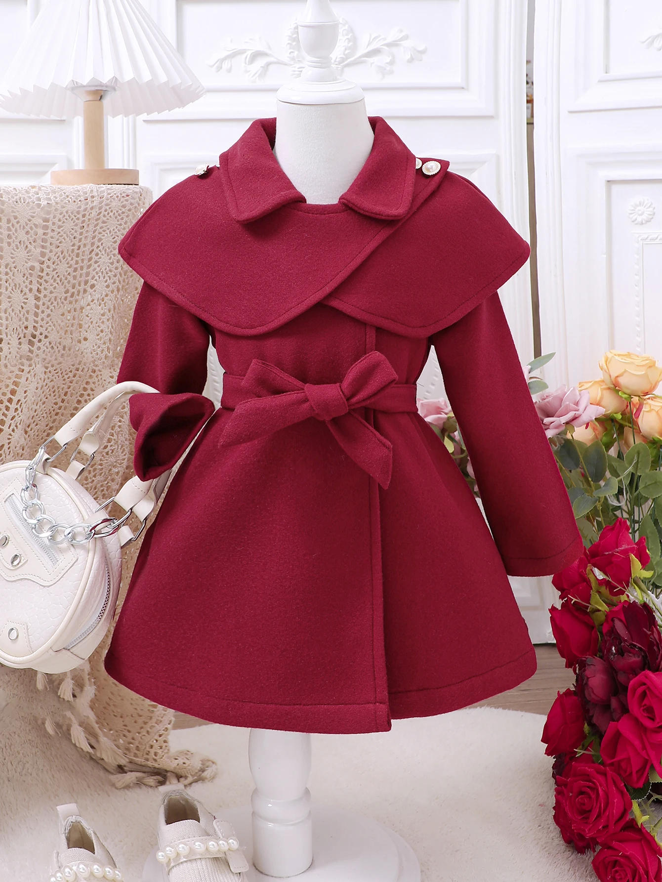 Girl's Autumn/Winter Fashion Lace Up Cloak Flip Collar Fleece Coat